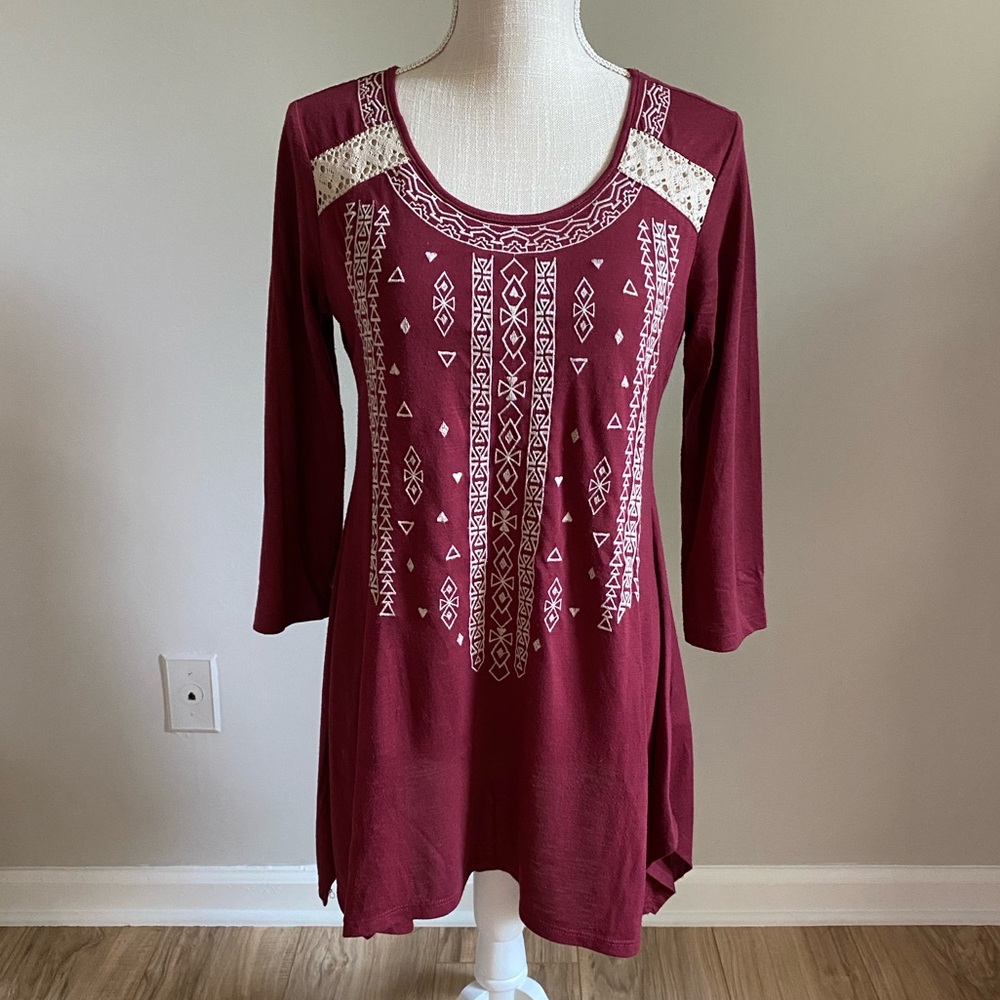 Embroidered Long Sleeve Tunic Top Dark Red